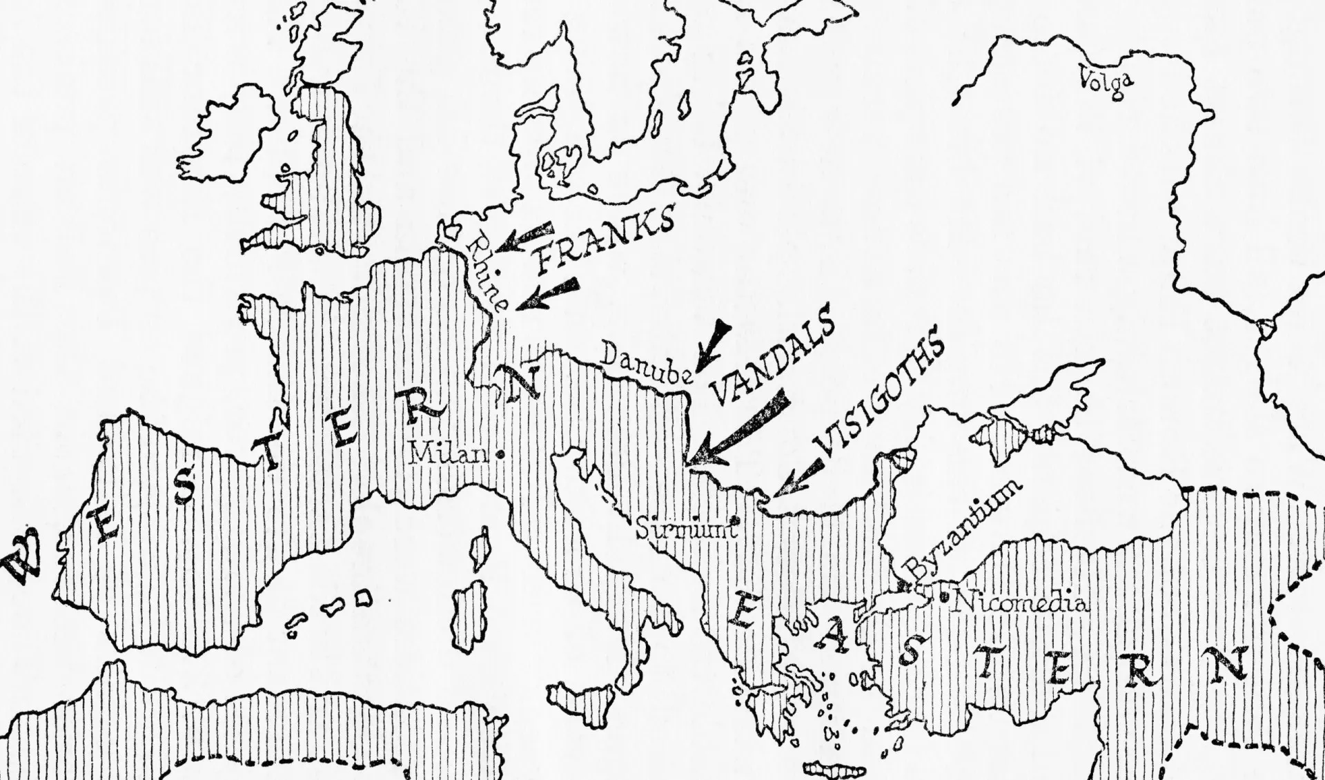 Ilustração de guerreiros Vândalos, uma tribo germânica que mais tarde saquearia Roma.