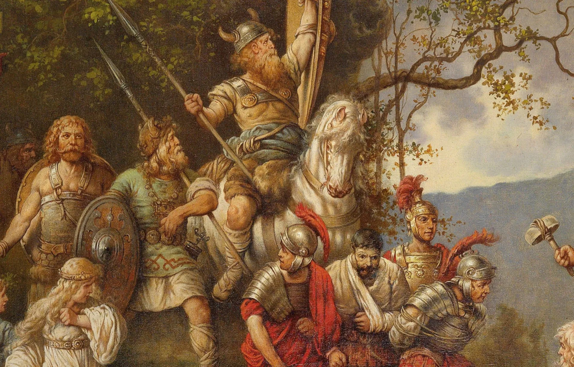 Legionários romanos em formação de batalha, preparados para enfrentar as tribos germânicas.