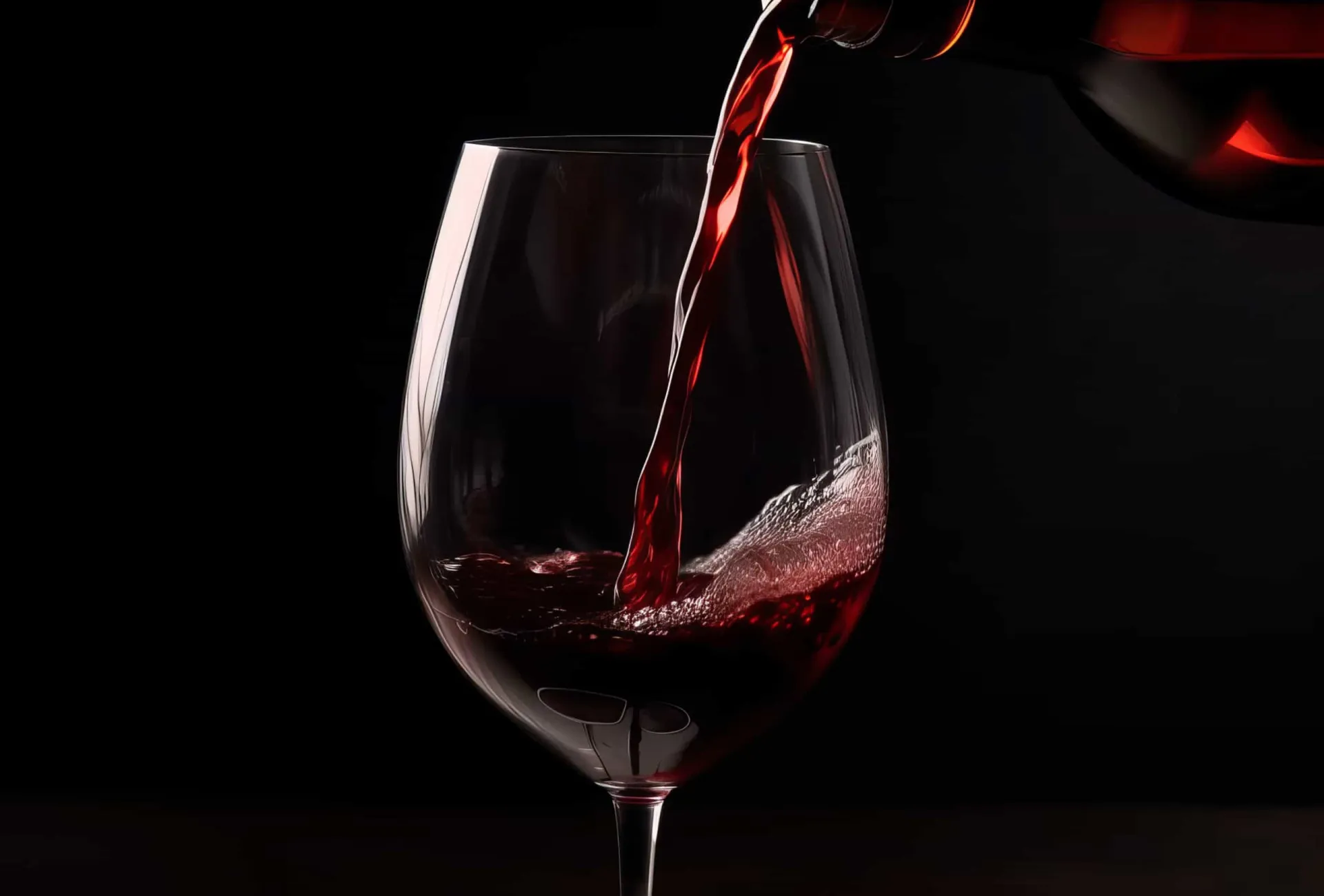 Uma taça de vinho tinto sendo servida, com a cor intensa da bebida em destaque.