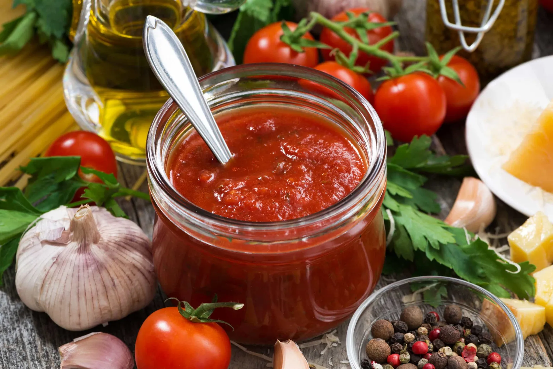 Um prato de macarrão coberto com um vibrante molho de tomate.
