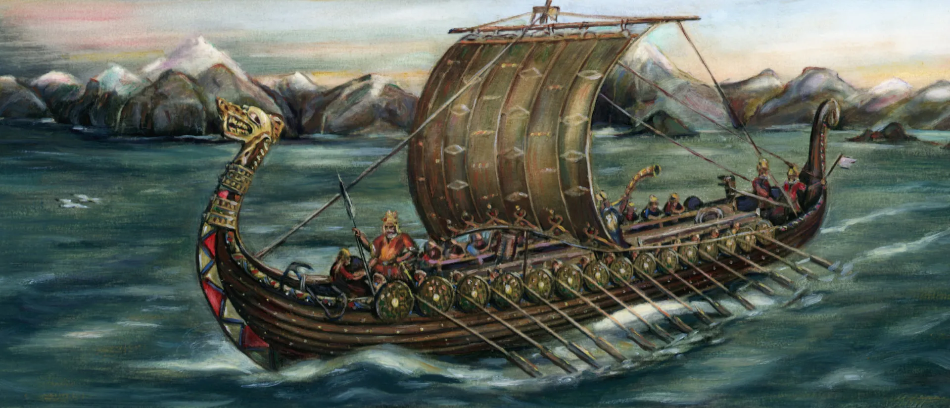 Ilustração de um navio viking navegando em águas turbulentas, representando a herança nórdica.