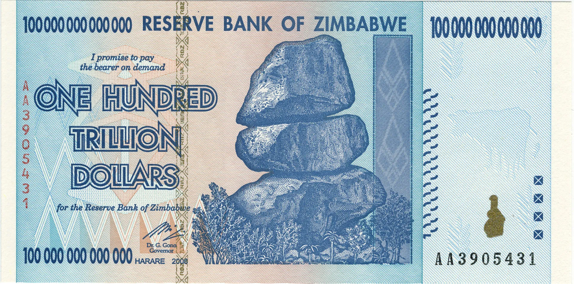A famosa nota de 100 trilhões de dólares do Zimbábue, que hoje é um item de colecionador.