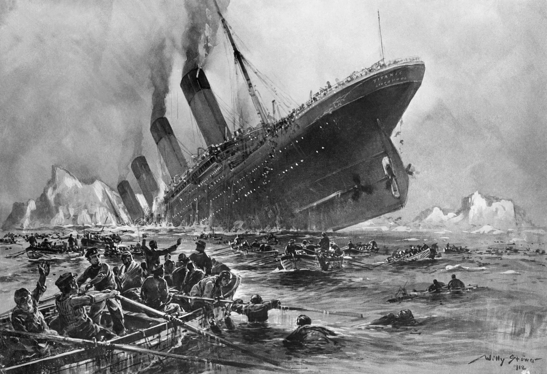 Pintura histórica do naufrágio do Titanic, com pessoas na água gelada do Atlântico Norte.