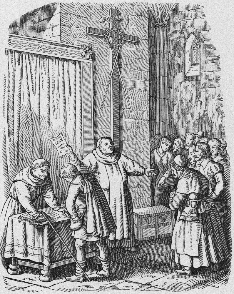Uma ilustração histórica mostrando a venda de indulgências pela Igreja.