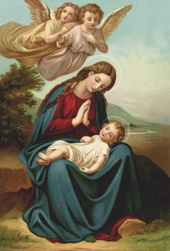 Uma imagem de Maria com o menino Jesus, mostrando seu papel como mãe do mediador.