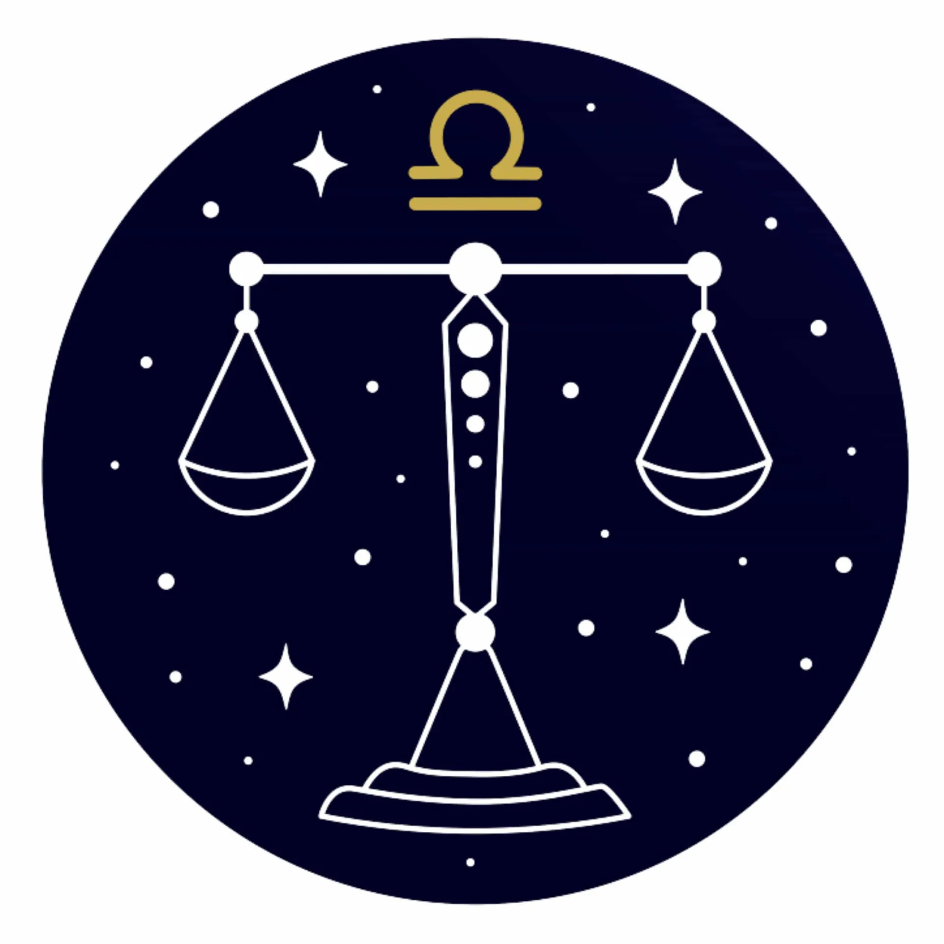 Símbolo astrológico de Libra, a balança, em dourado sobre um fundo harmonioso.