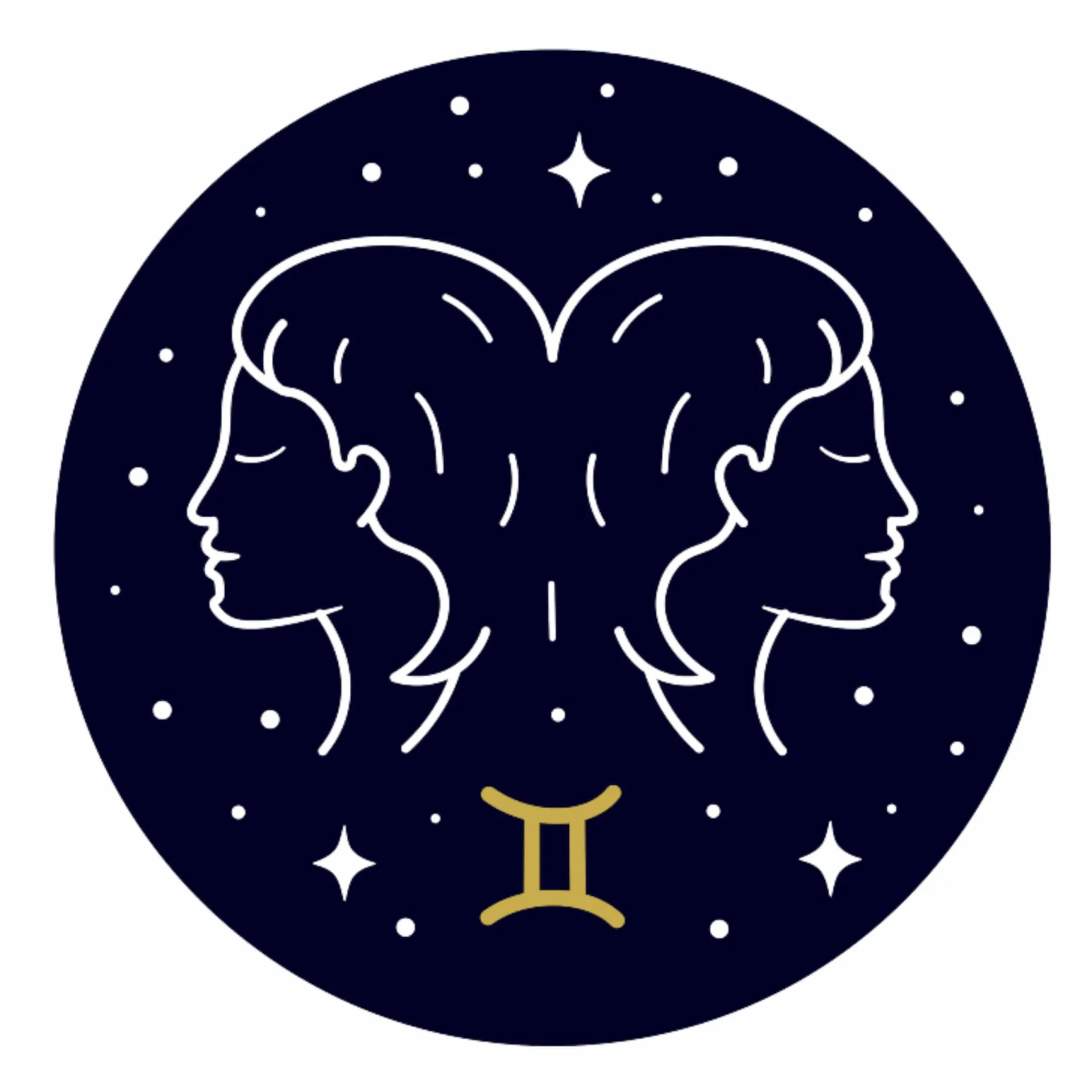 Símbolo astrológico de Gêmeos em dourado com um fundo de luzes brilhantes.