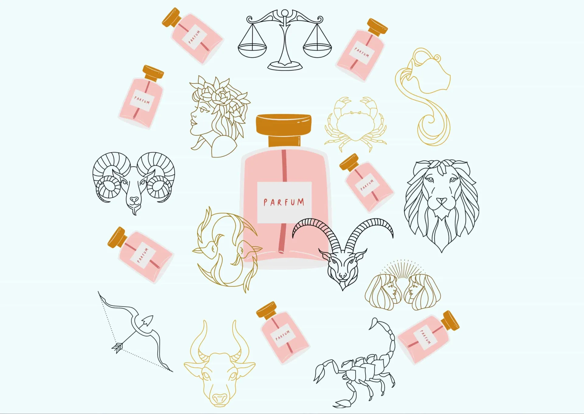 Vários frascos de perfume elegantes dispostos sobre uma superfície refletora.