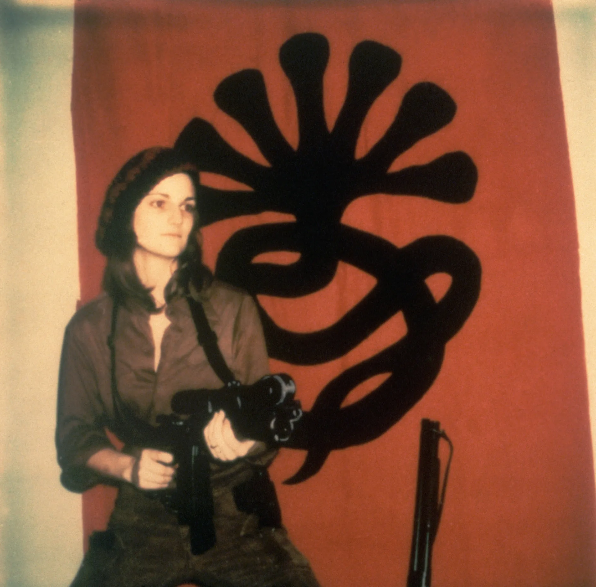 A famosa foto de Patty Hearst posando com uma metralhadora na frente do símbolo do Exército Simbionês de Libertação (SLA).