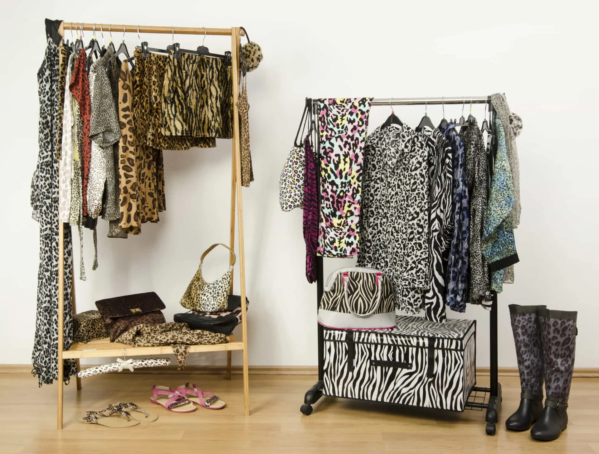 Mulher com um look exagerado de animal print, misturando estampas de onça e zebra.