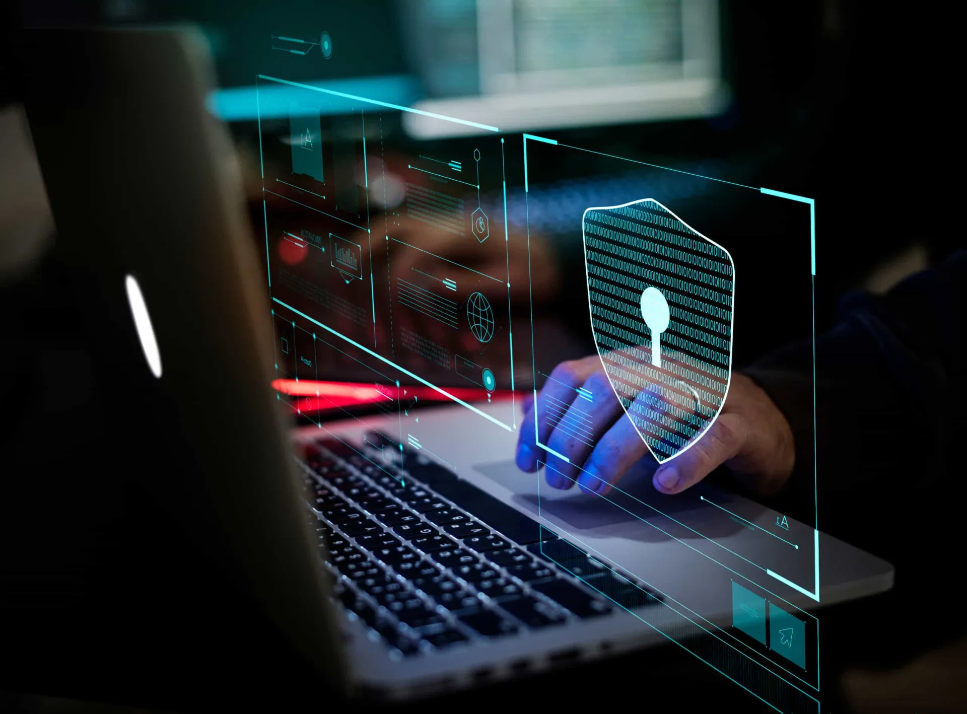 Ilustração de uma parede de tijolos de fogo (firewall) bloqueando ameaças digitais de um computador.