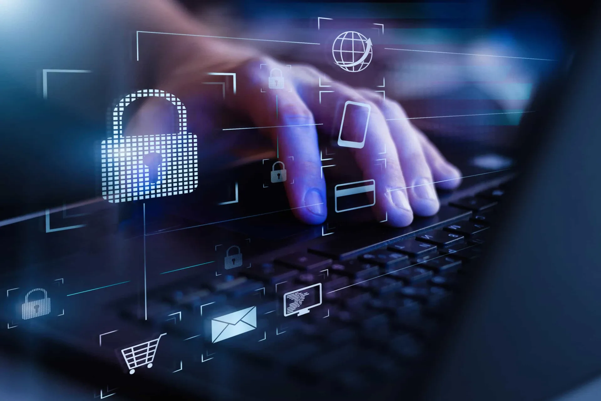 Ícones de cadeado flutuando em torno de dados digitais, simbolizando a criptografia.