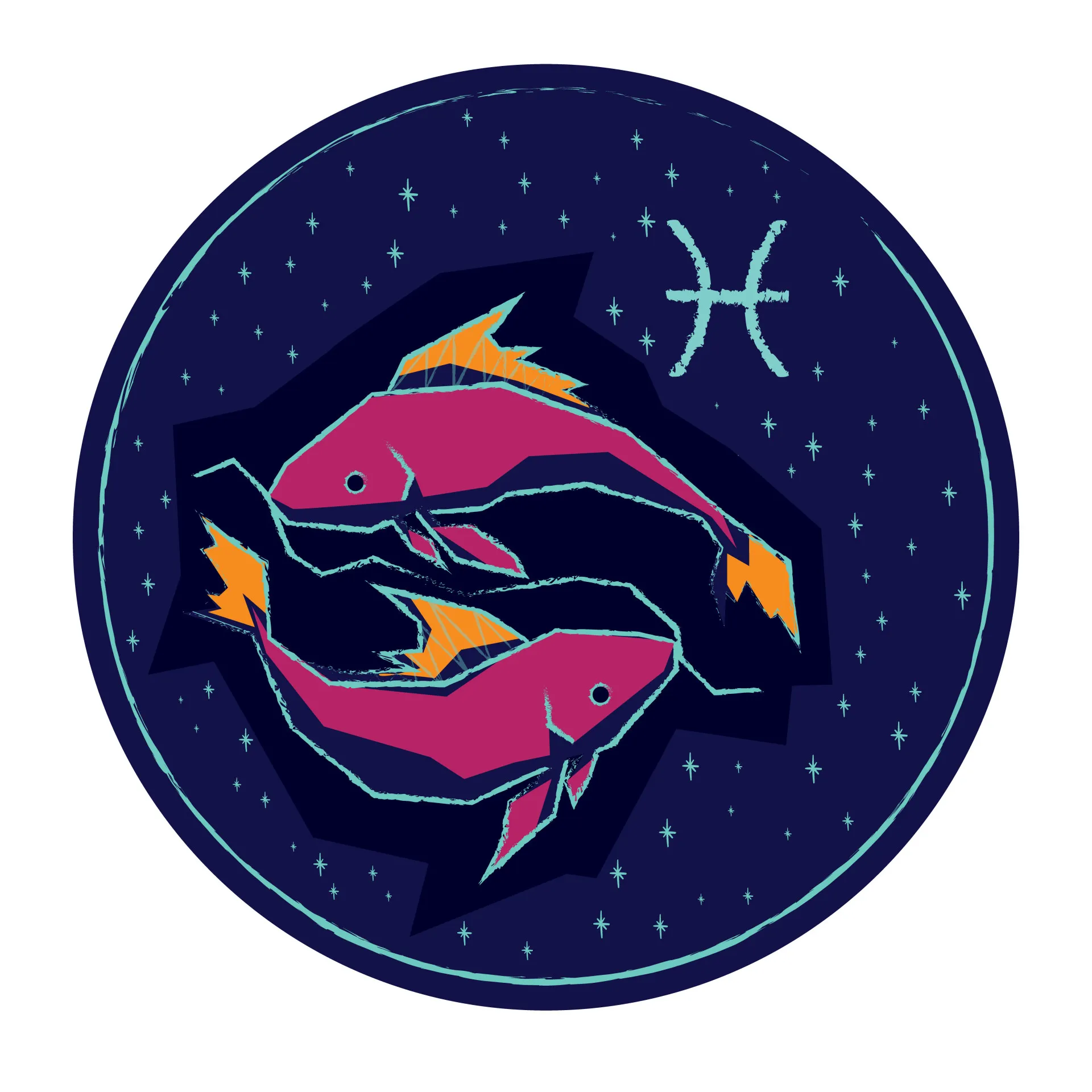 Símbolo do signo de Peixes, dois peixes nadando em direções opostas, representando a dualidade entre fantasia e realidade.