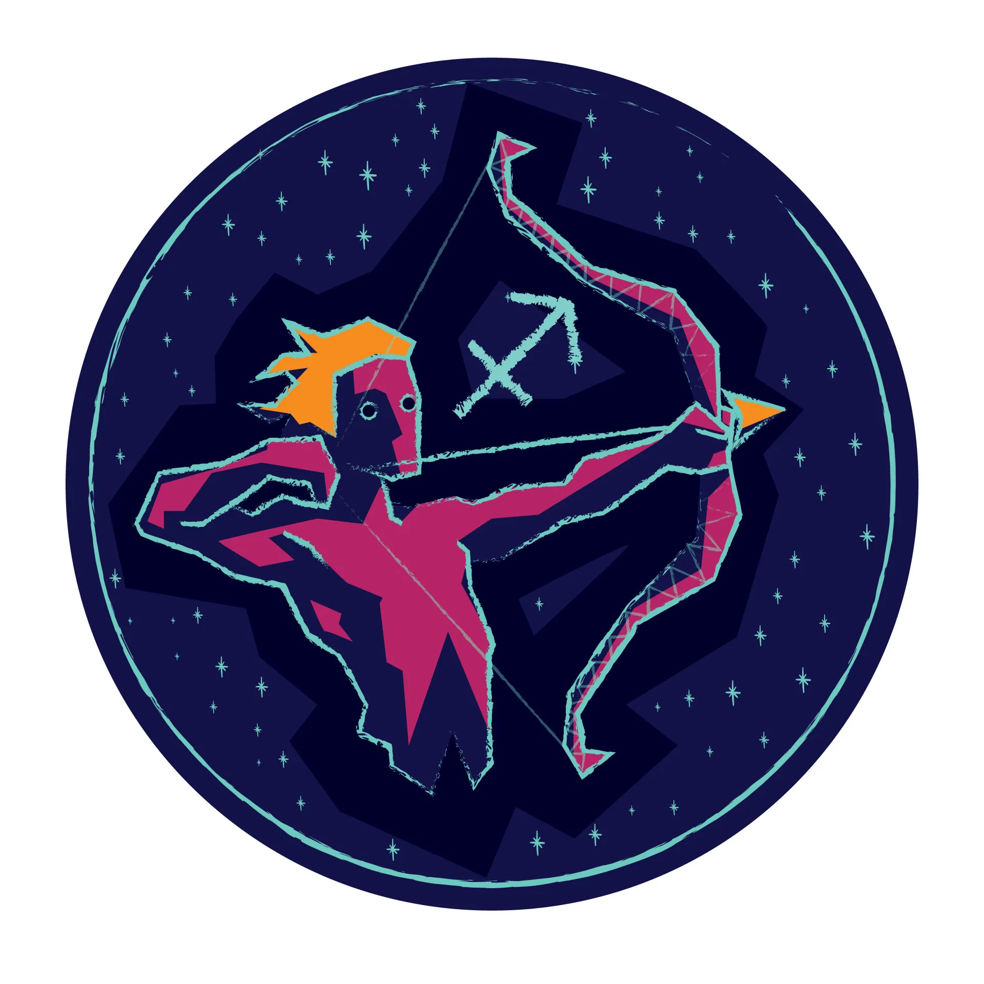 Símbolo do signo de Sagitário, o arqueiro, apontando para novos horizontes.