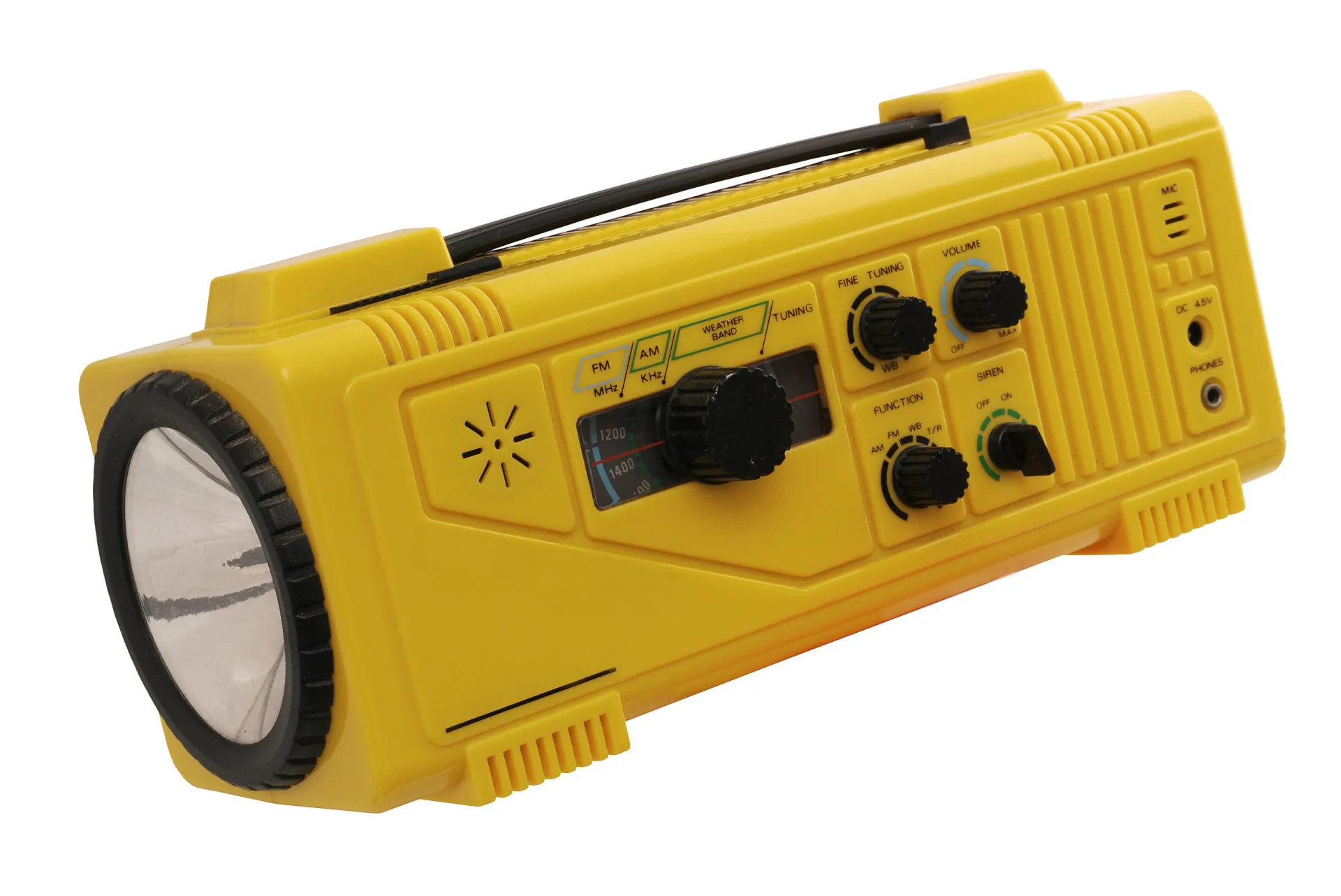 Um rádio meteorológico de emergência, vermelho, com antena estendida e manivela para carregar.