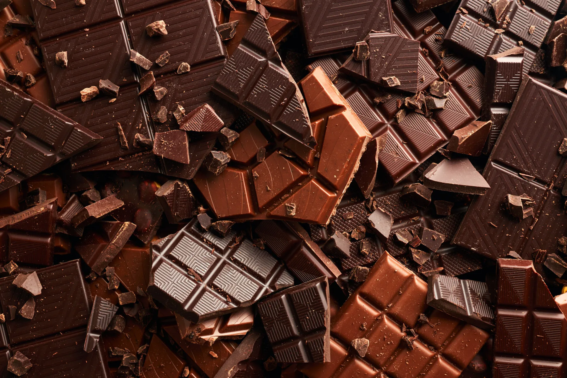 Pedaços de chocolate amargo em uma superfície escura, com cacau em pó.