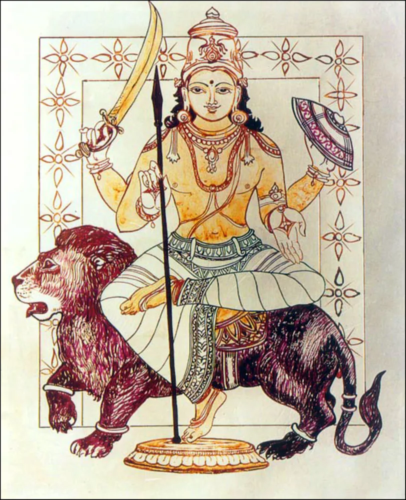 Um dragão enrolado formando o símbolo do infinito, representando Rahu (cabeça) e Ketu (cauda).