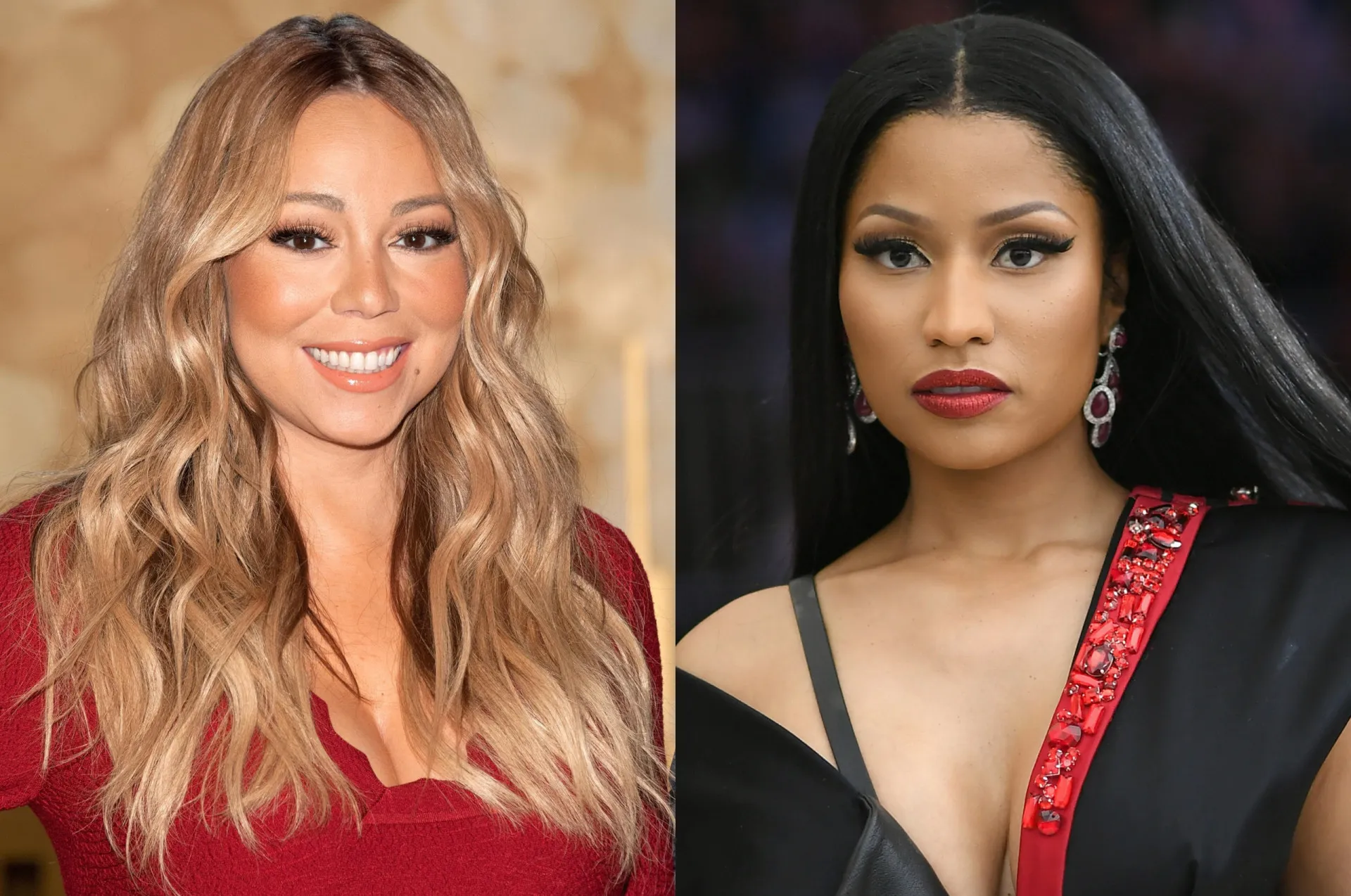 Mariah Carey e Nicki Minaj sentadas na bancada de jurados do American Idol, com expressões tensas.