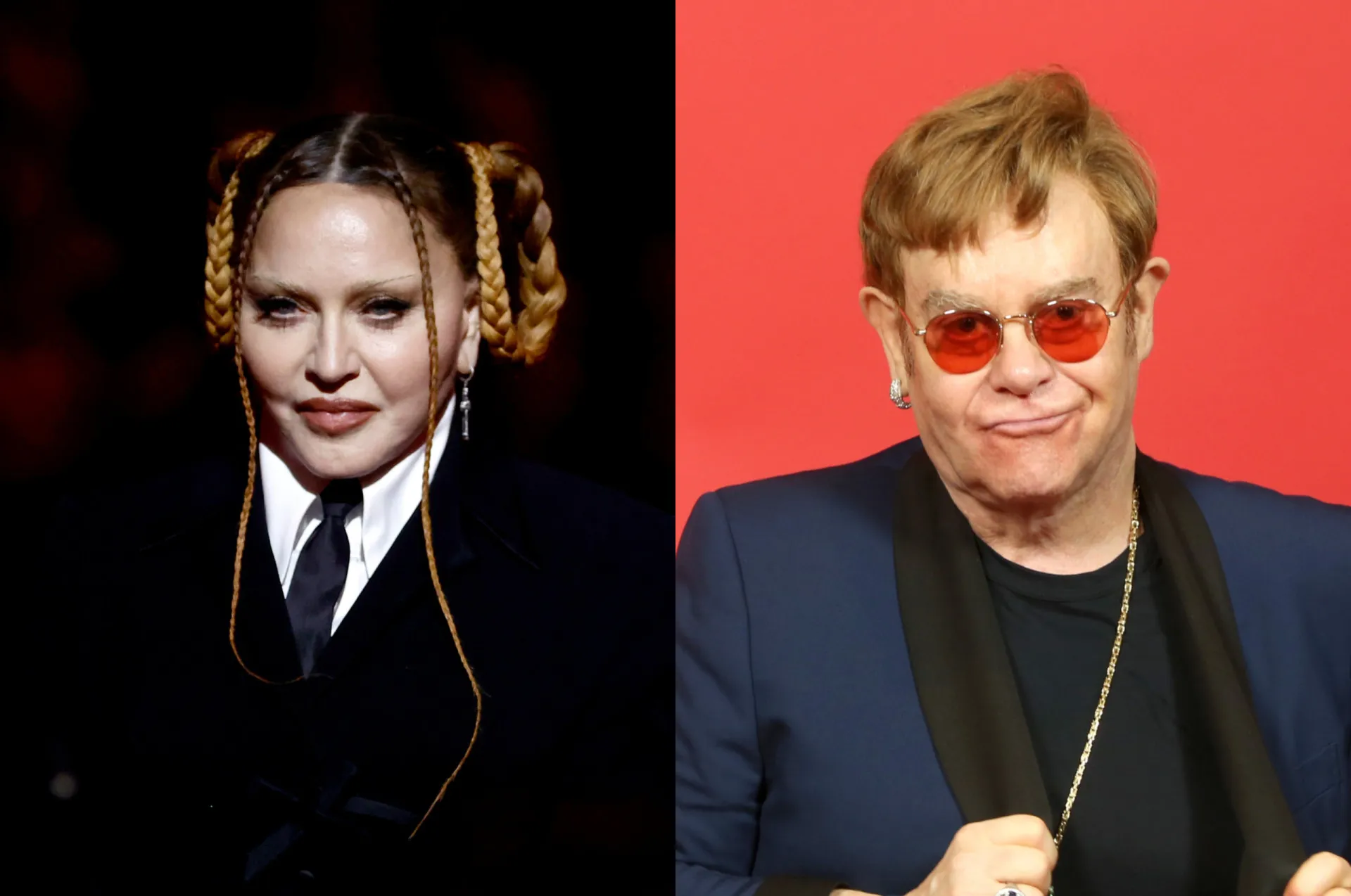 Montagem com fotos de Madonna e Elton John, ambos artistas icônicos com personalidades fortes.