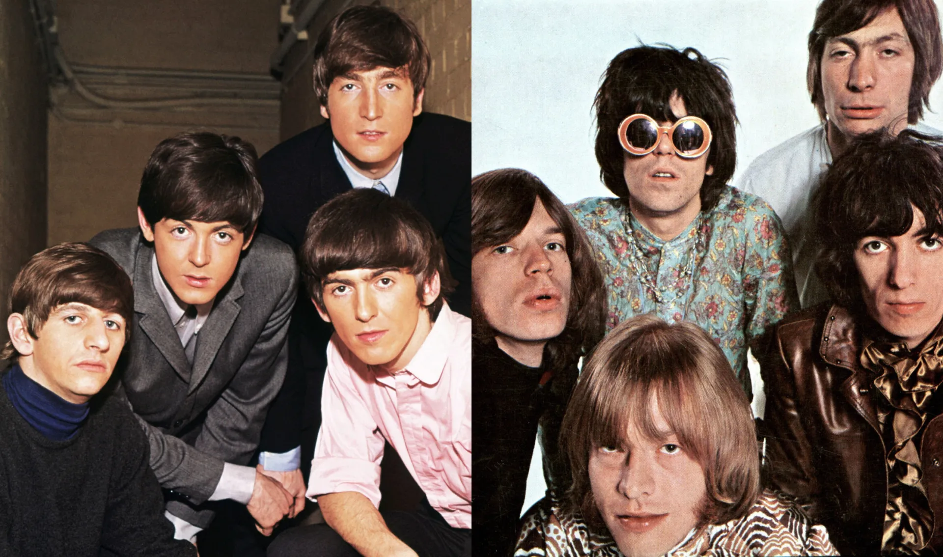 Montagem de fotos das bandas The Beatles e The Rolling Stones em seus auges.