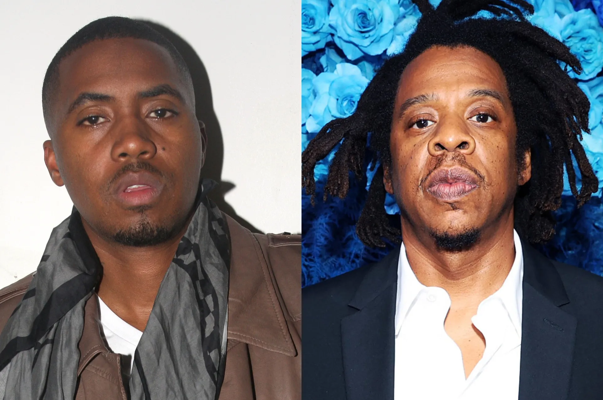 Os rappers Nas e Jay-Z se encarando, simbolizando sua longa rivalidade no hip-hop.