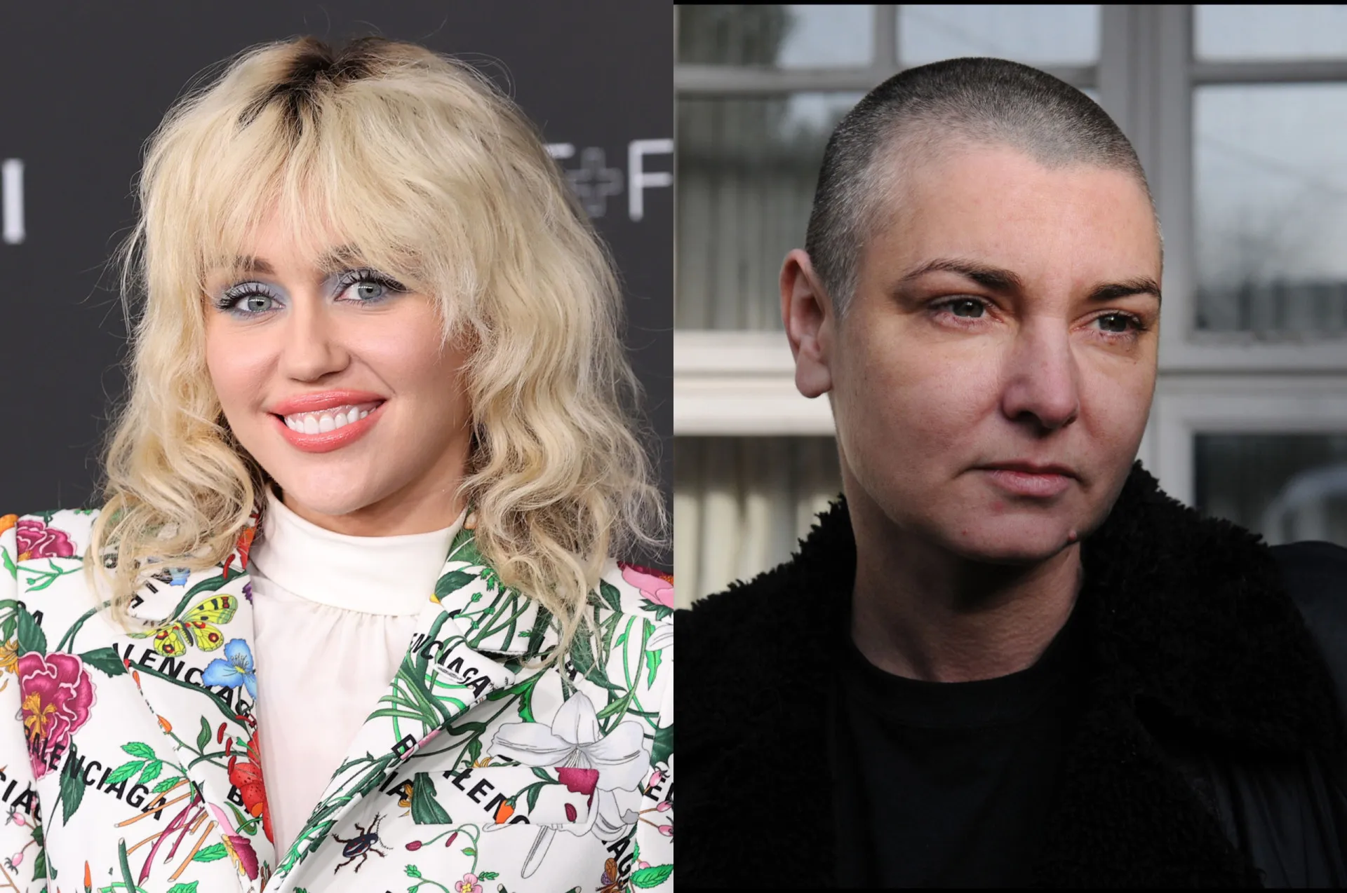 Montagem de fotos com Miley Cyrus e a falecida Sinéad O'Connor.