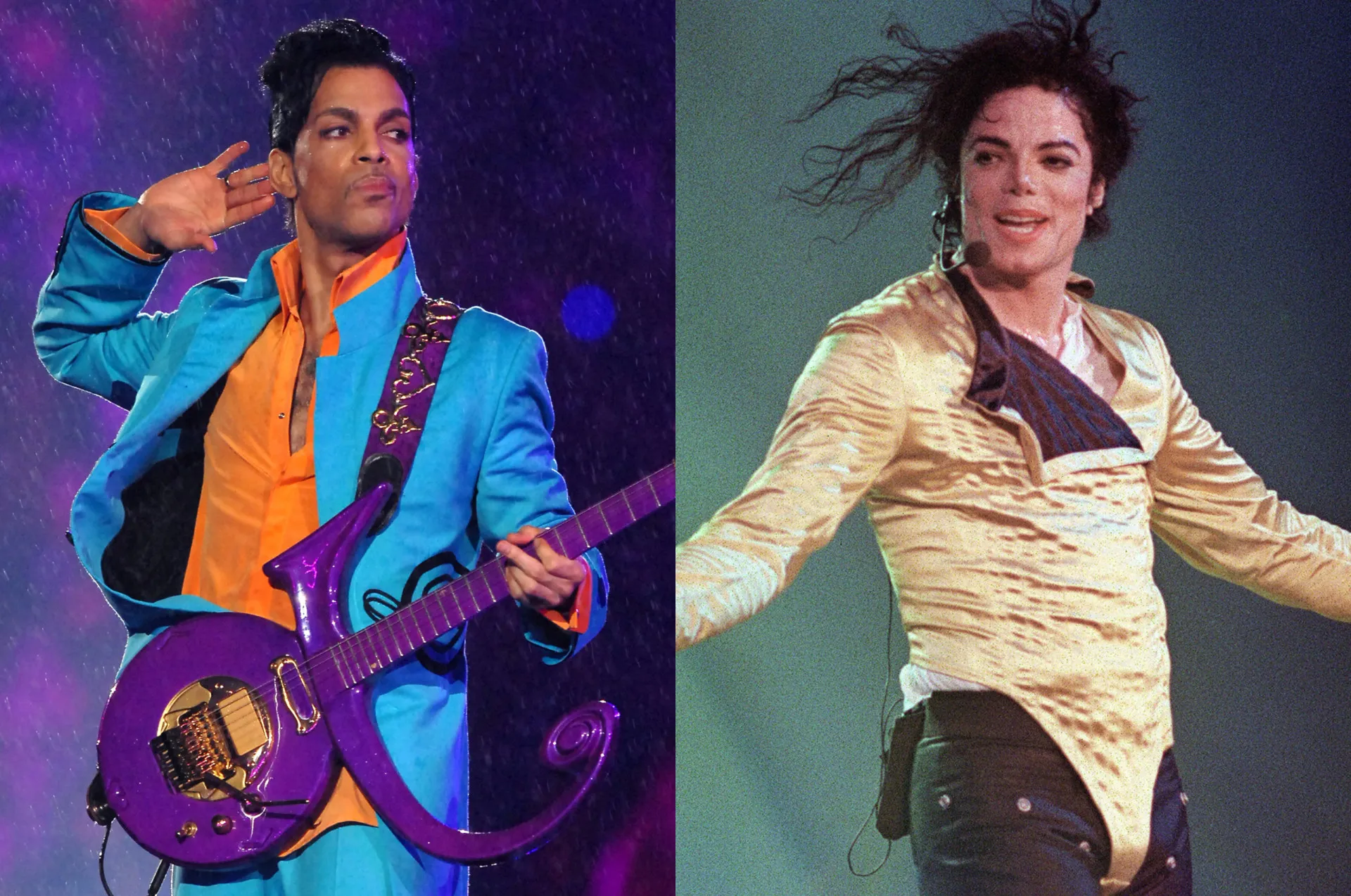 Montagem com fotos de Prince e Michael Jackson, ambos em poses icônicas.