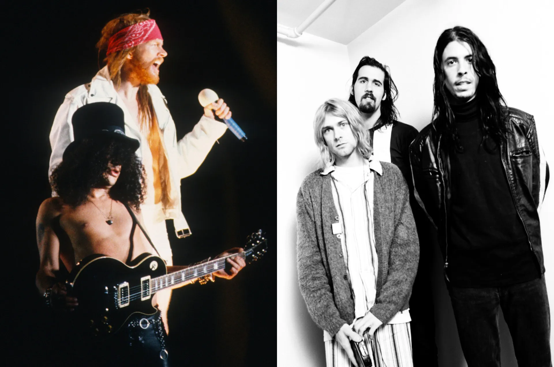 Montagem com Axl Rose, do Guns N' Roses, e Kurt Cobain, do Nirvana, em preto e branco.