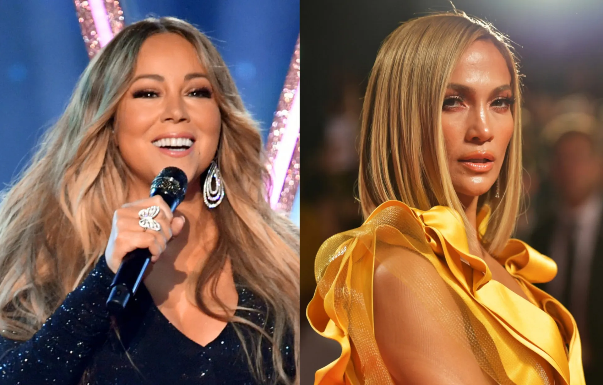 Mariah Carey e Jennifer Lopez em eventos diferentes, com expressões de divas.