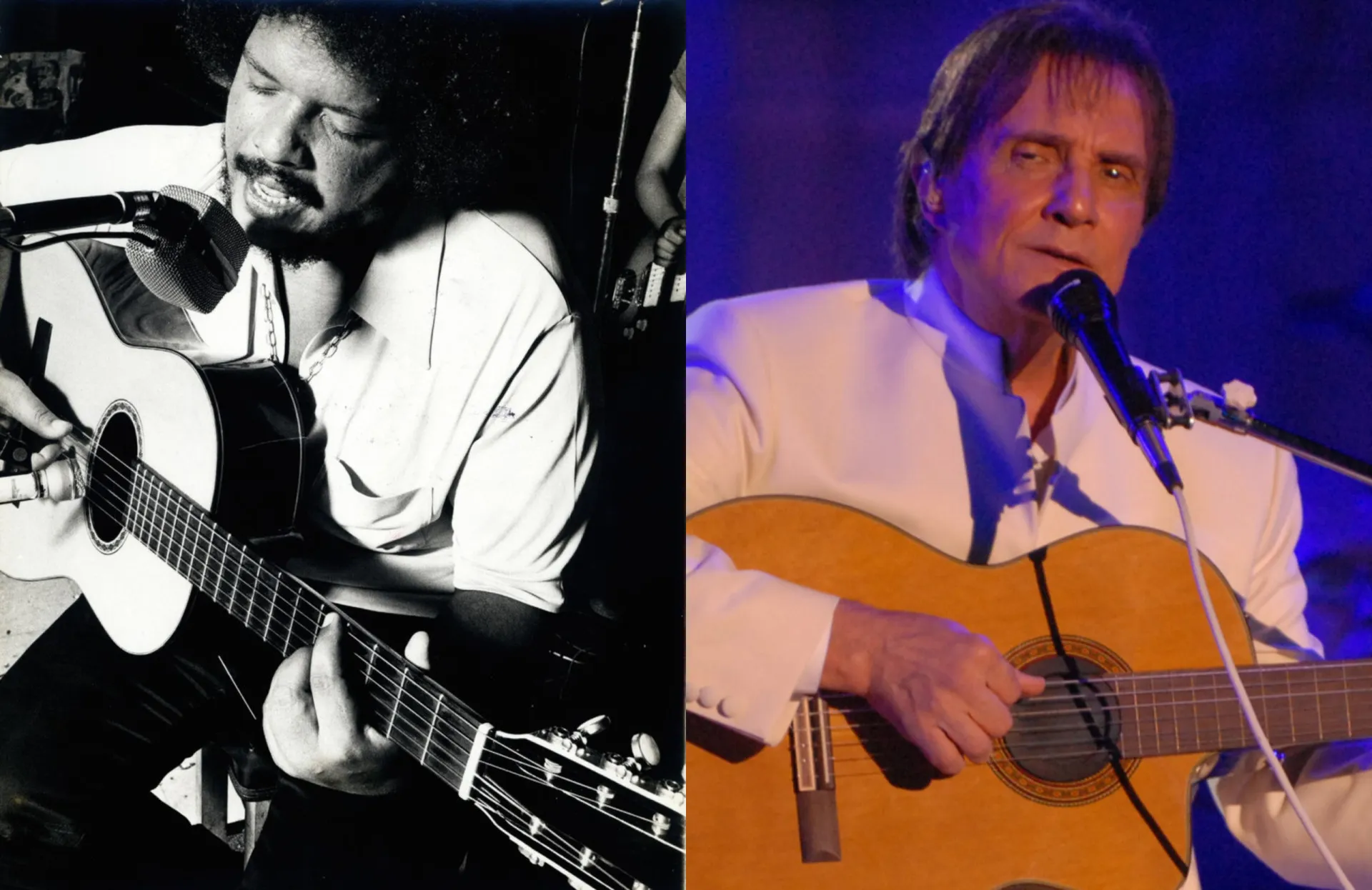 Montagem de fotos de Tim Maia e Roberto Carlos em suas juventudes.