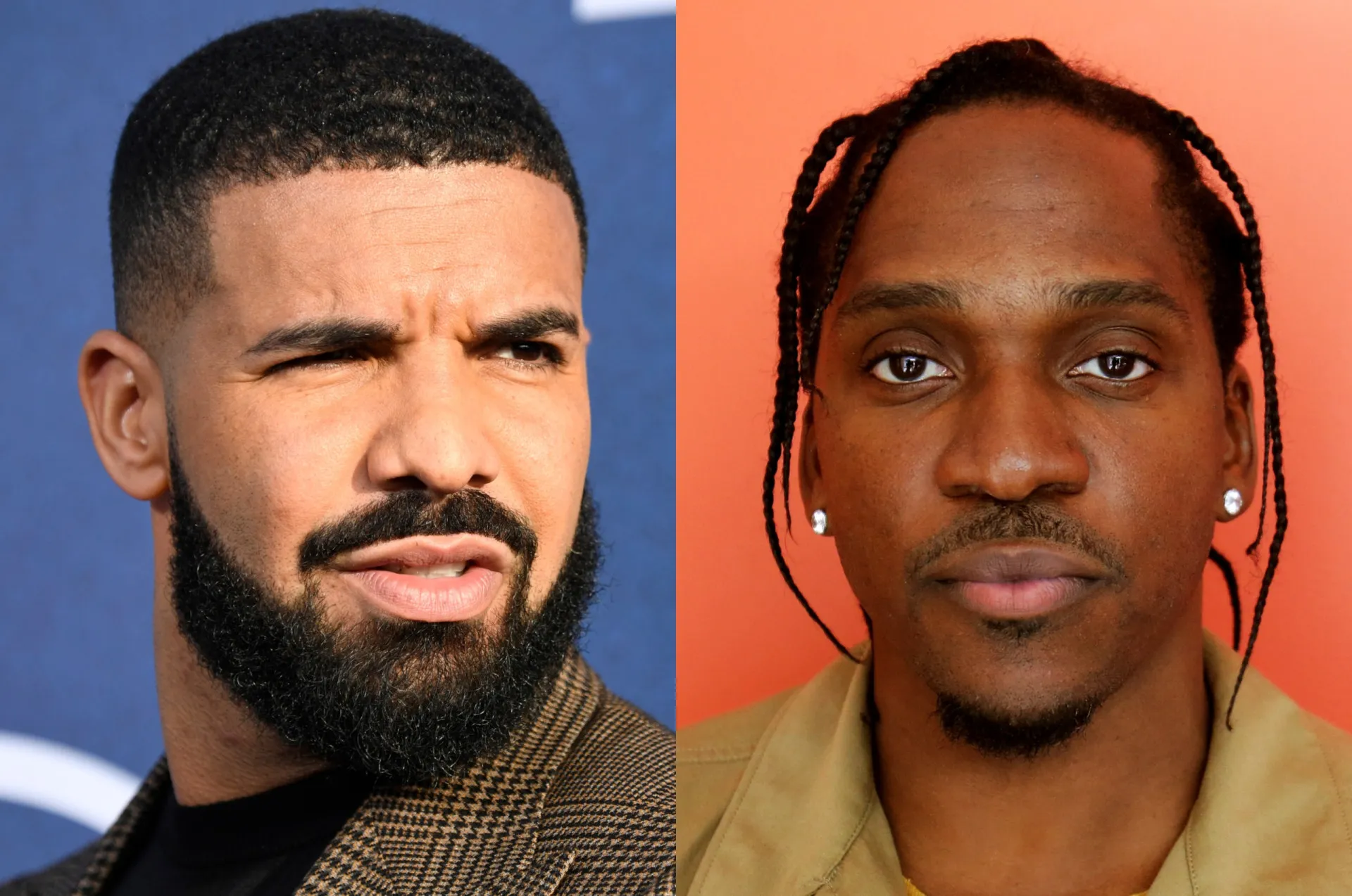 Montagem de fotos dos rappers Drake e Pusha T.