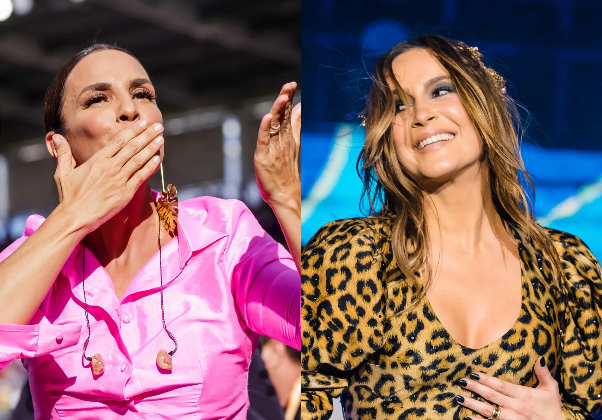 Ivete Sangalo e Claudia Leitte cantando juntas e sorrindo no palco.