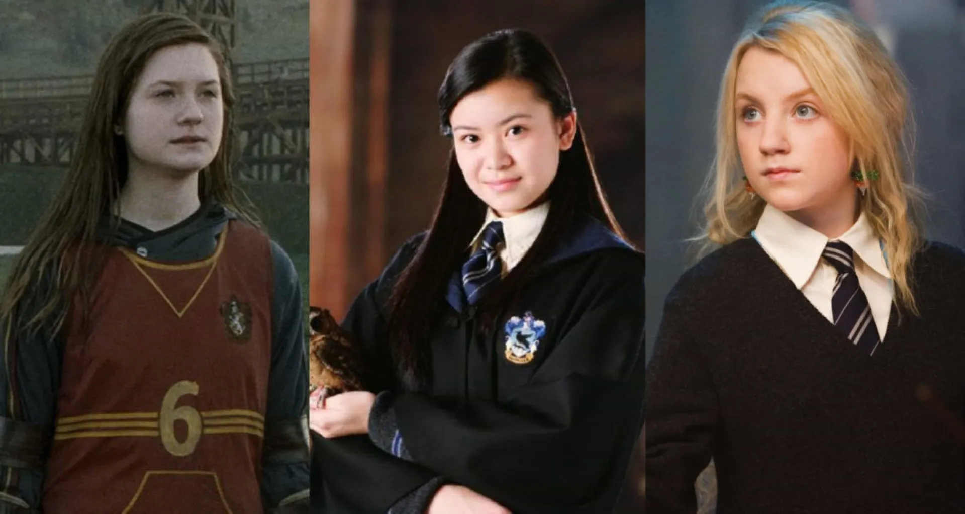 Estudantes de Hogwarts usando seus uniformes pretos com os cachecóis das casas.