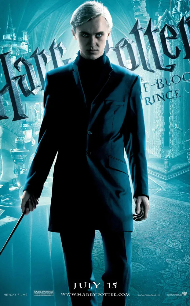 Uma ilustração de personagens icônicos como Draco Malfoy e Luna Lovegood.