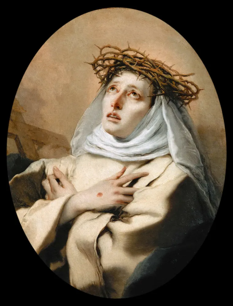 Pintura retratando Catarina de Siena, uma influente figura religiosa da Itália medieval.