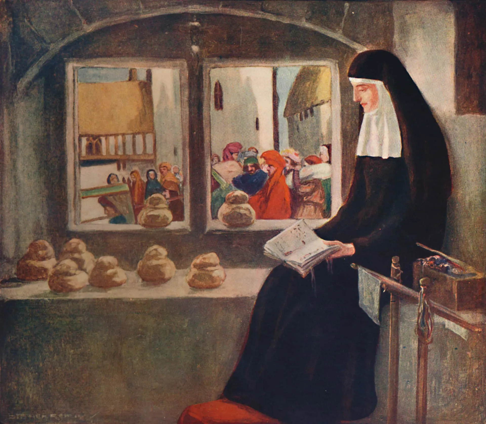Ilustração de Juliana de Norwich, uma anacoreta reclusa em oração em sua cela.