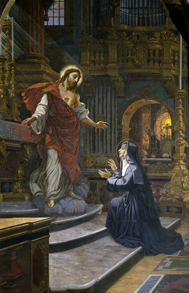 Retrato de Margarida Maria Alacoque, uma freira francesa com expressão devota.