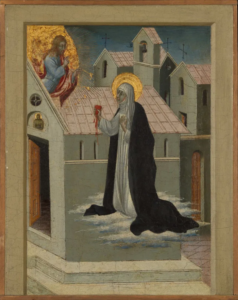 Obra de arte depicting o casamento místico de Santa Catarina de Siena com Jesus.
