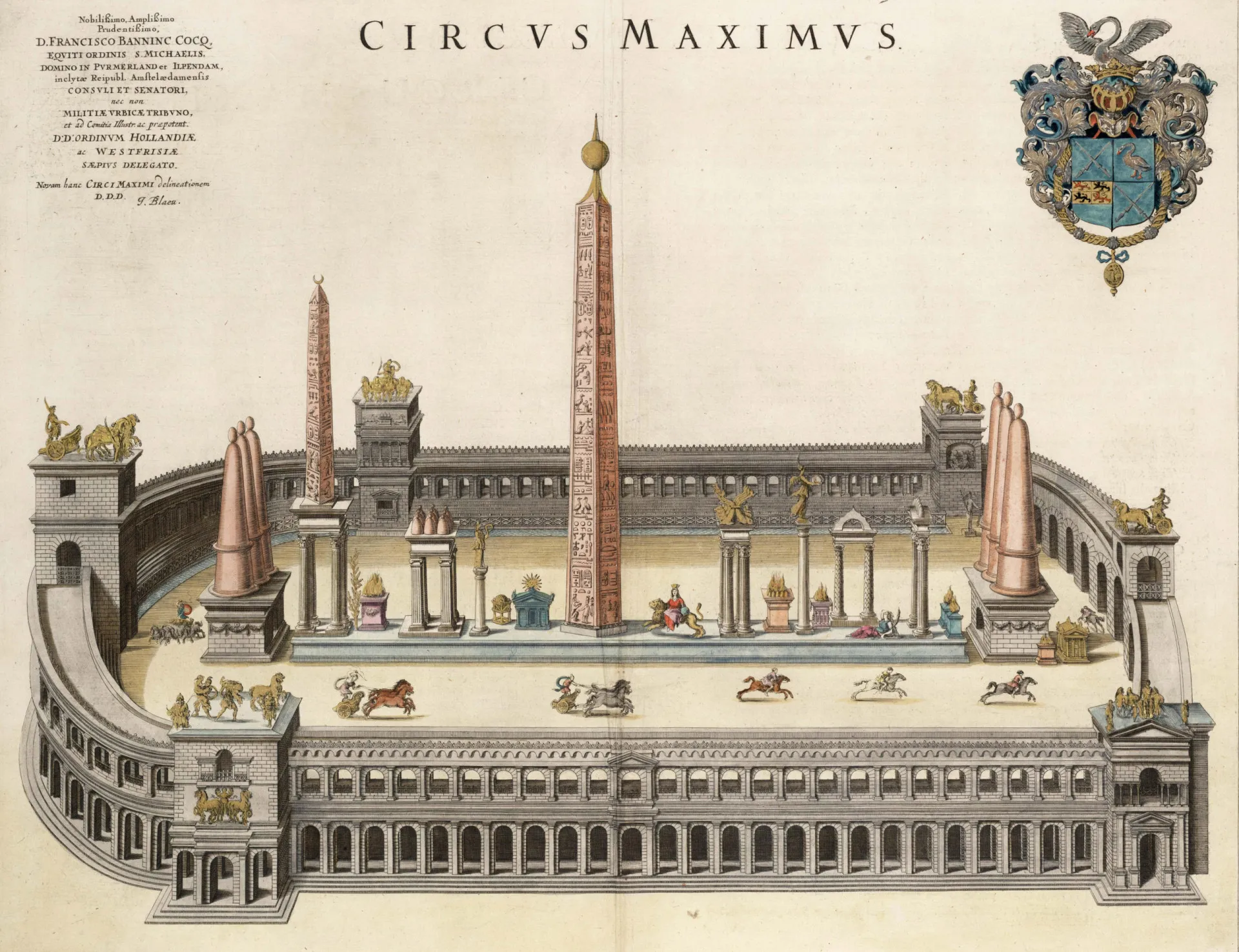Ilustração histórica do Circus Maximus em Roma, mostrando uma corrida de bigas em andamento com milhares de espectadores.