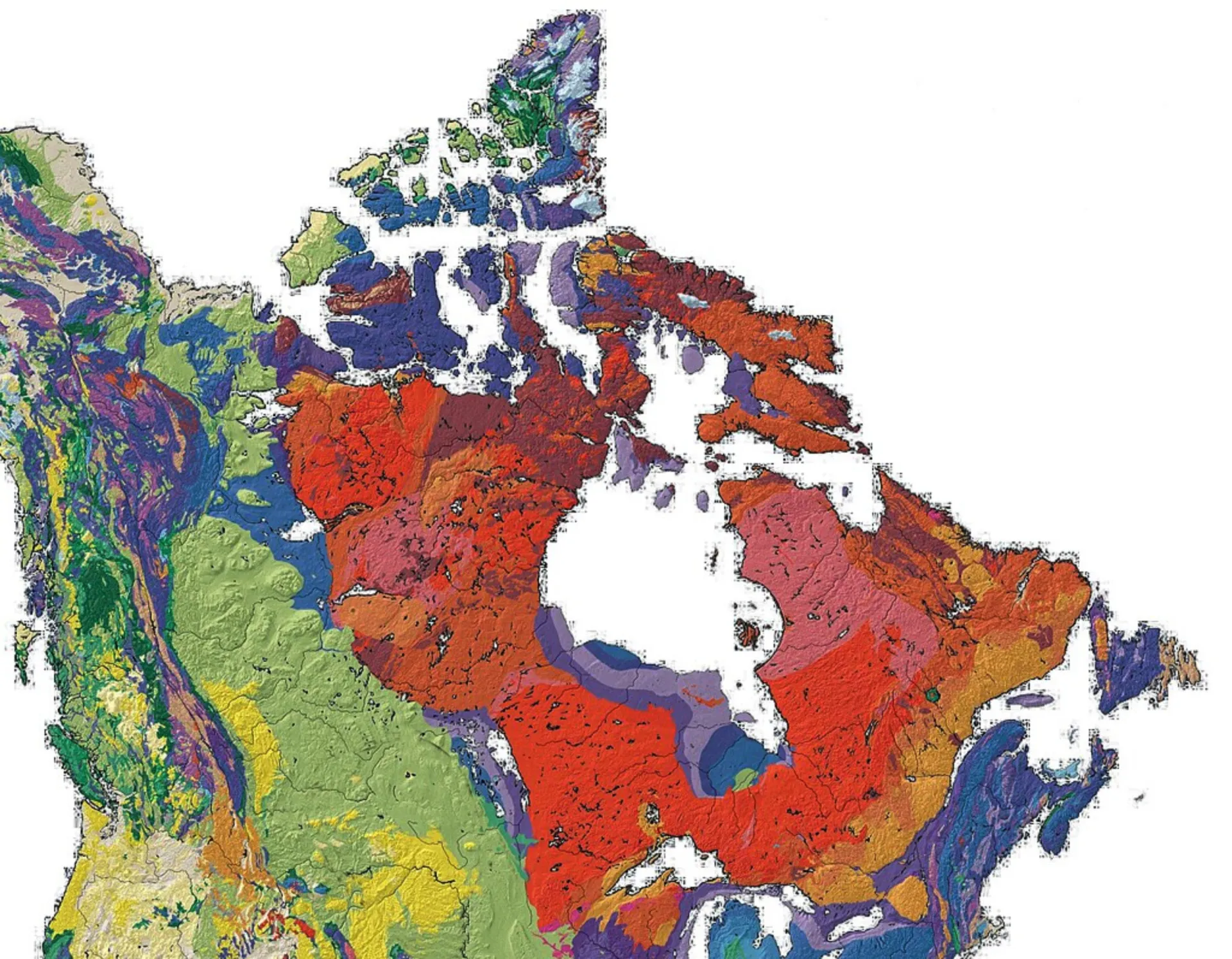 Formações rochosas antigas e expostas do Escudo Canadense, mostrando camadas de história geológica.