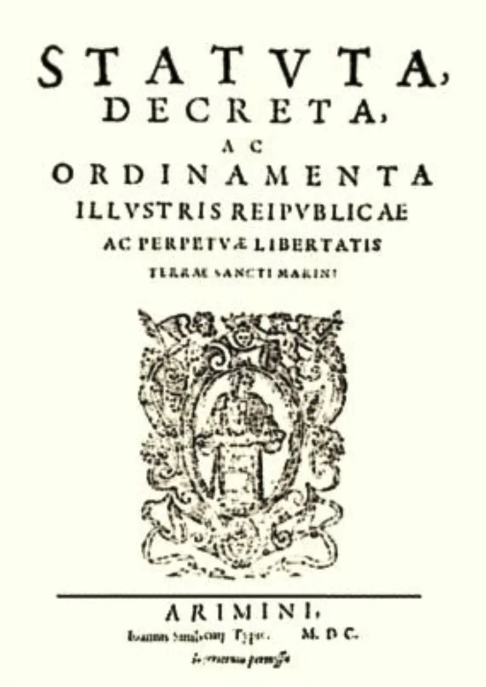 Página de um documento antigo, representando a Constituição de San Marino de 1600.