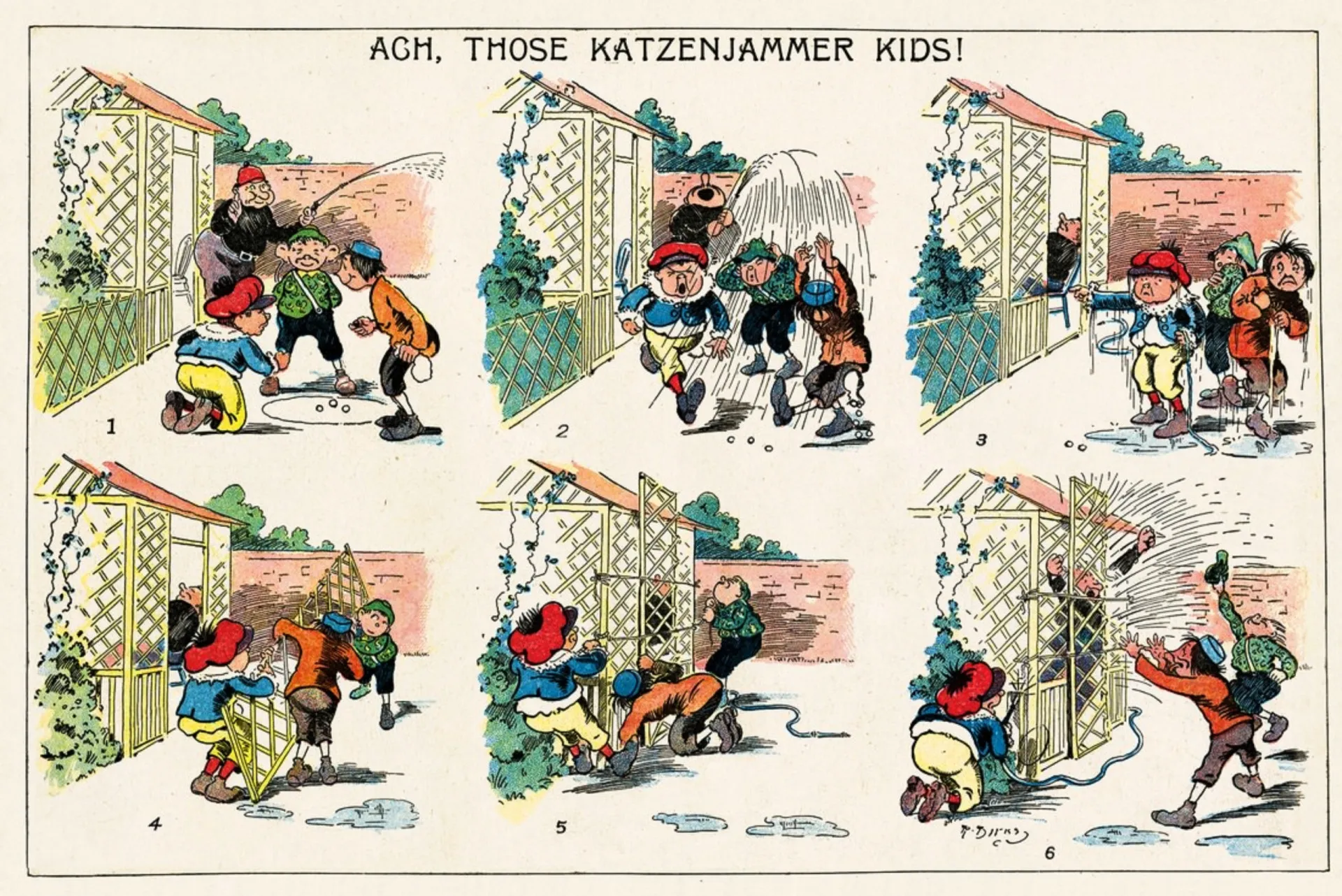 Uma tira de quadrinhos antiga dos 'Katzenjammer Kids' (Os Sobrinhos do Capitão), mostrando os personagens em uma de suas confusões.
