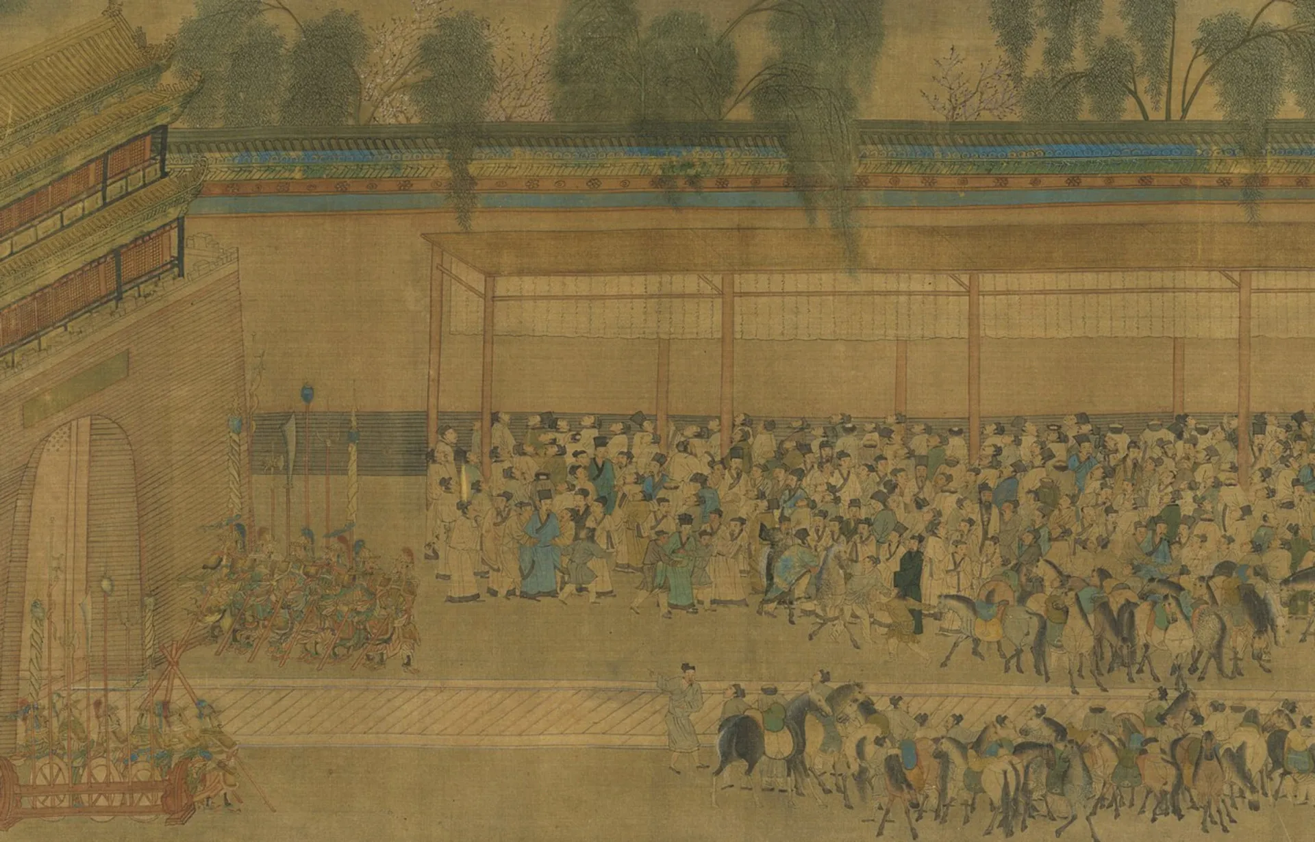 Obra de arte de 1540 mostrando candidatos ansiosos reunidos em torno de um mural com os resultados de um exame imperial na China.