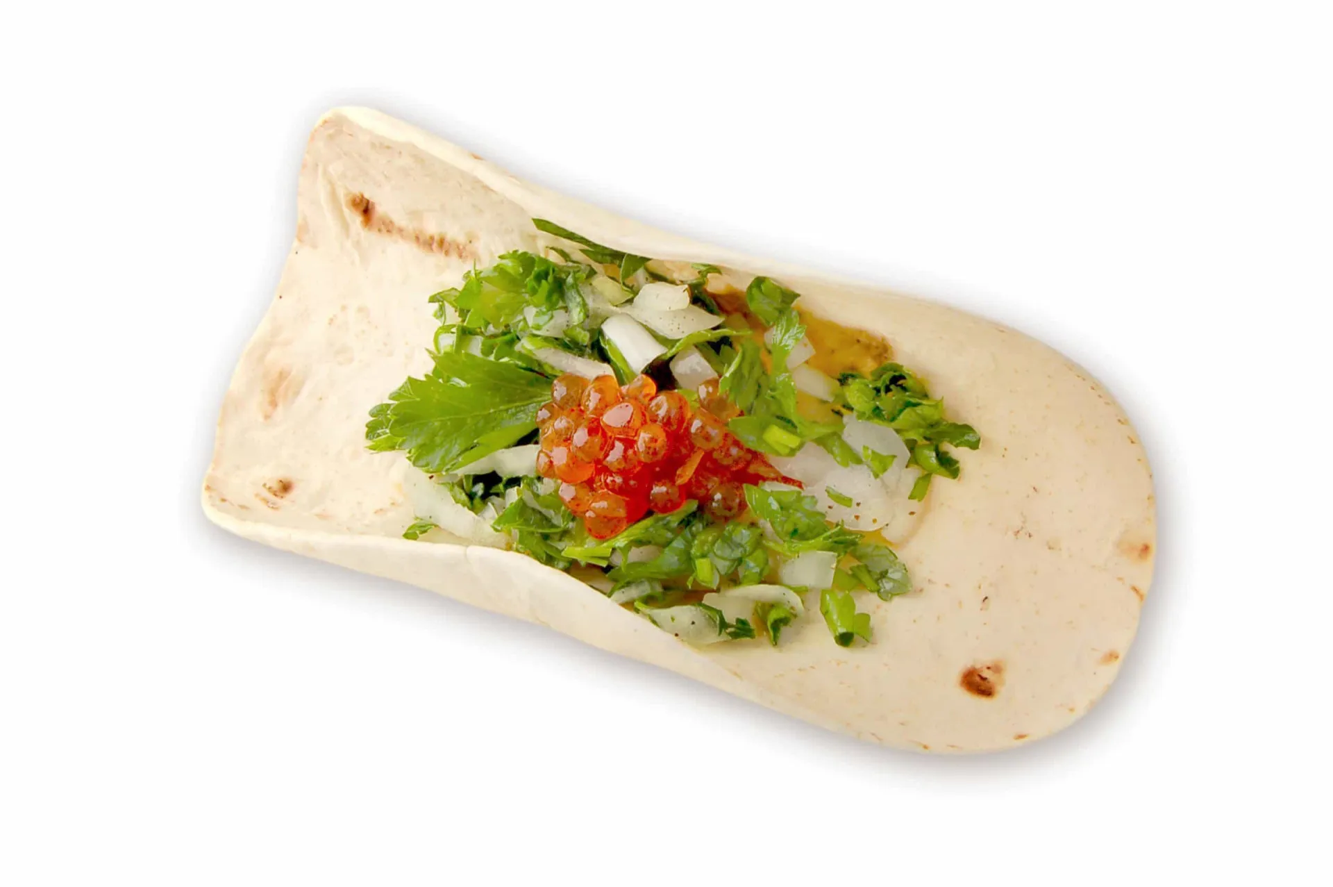 Um taco luxuoso recheado com carne Kobe e caviar, servido em uma tortilha com infusão de ouro.